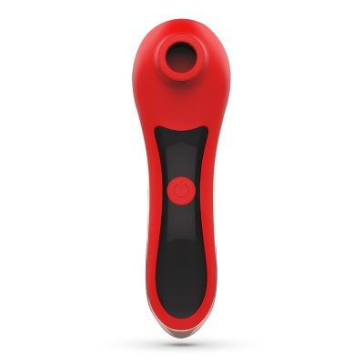 Dispositivo eletrónico vermelho e preto com botão circular vermelho