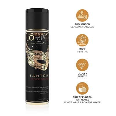 Frasco preto e dourado de óleo vegetal para massagem Orgie Tantric Divine Nectar