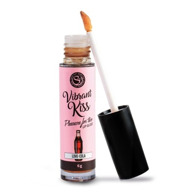 Gloss labial Vibrant Kiss com aplicador e rótulo rosa