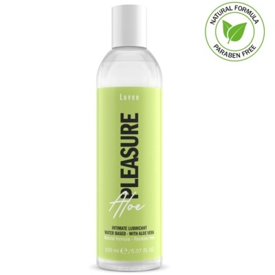 Frasco de lubrificante íntimo à base de água com aloe vera, rótulo verde e selo natural paraben free