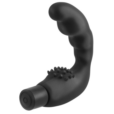 Vibrador preto em silicone com texturas e botão de controlo.