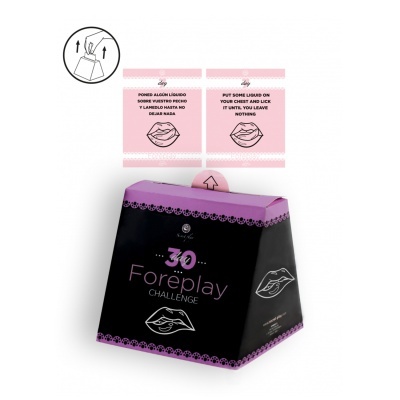 Caixa para 30 day Foreplay Challenge preta e roxa com cartões de instrução cor-de-rosa