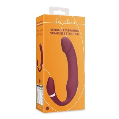 Embalagem laranja com vibrador flexível roxo escuro, texto em roxo e branco