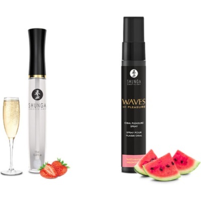 Dois frascos de spray Shunga com frutas e copo de champanhe