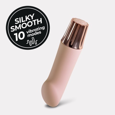 Vibrador rosa claro com base metálica cor de ouro rosa e selo preto com texto