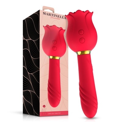 Vibrador vermelho em forma de flor com embalagem ao lado