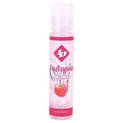 Frasco de lubrificante pessoal Frutopia de 30 ml com rótulo rosa e tampa transparente.