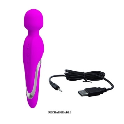 Vibrador roxo com cabo USB preto e texto RECHARGEABLE