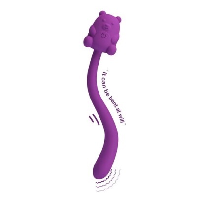 Vibrador violeta com design de urso e formato curvável.
