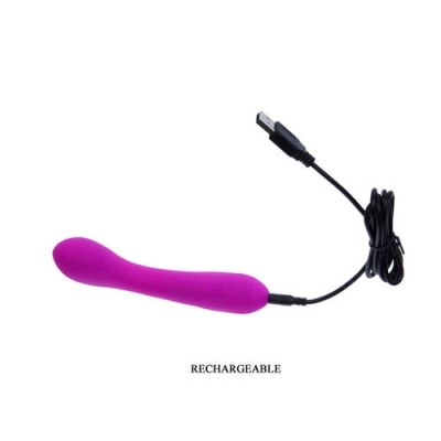 Vibrador roxo recarregável com cabo USB preto em fundo branco