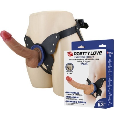 Arnês com dildo de silicone e correias negras, embalagem azul ao lado