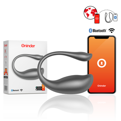 Produto curvo cinzento Oninder ao lado de embalagem branca e smartphone com app ligado