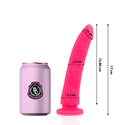 Dildo rosa em silicone com medidas, junto a uma lata rosa com o logo DC DELTA CLUB TOYS.