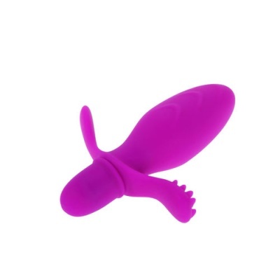 Dispositivo vibratório rosa em silicone com três partes distintas