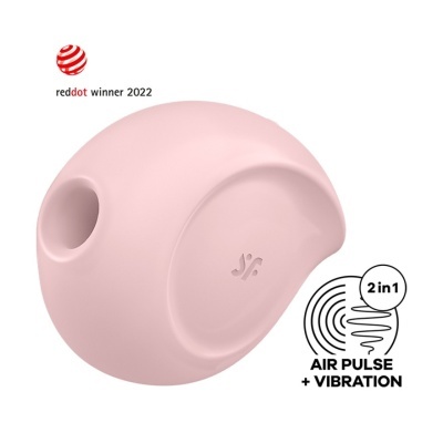 Dispositivo cor-de-rosa claro com forma arredondada e orifício, texto Air Pulse + Vibration 2 in 1 e logótipo reddot winner 2022