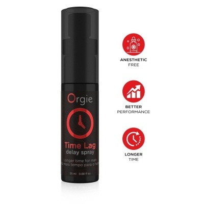 Spray retardador Orgie Time Lag 25 ml preto e vermelho com ícones de benefícios