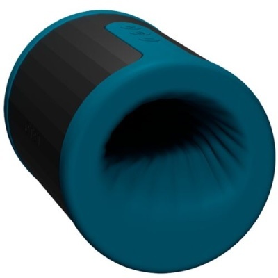 Dispositivo cilíndrico azul e preto com interior texturizado e placa azul