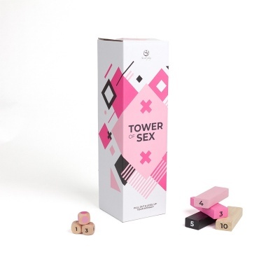 Jogo Tower of Sex com peças de madeira coloridas e embalagem decorada