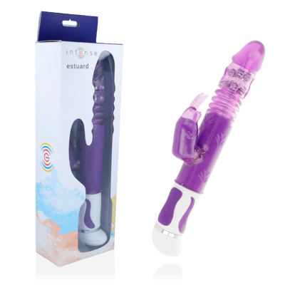 Vibrador roxo com base branca e embalagem branca com texto Intense Estuard