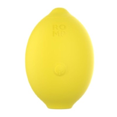 Dispositivo vibratório amarelo em forma de limão com botão e inscrições em relevo