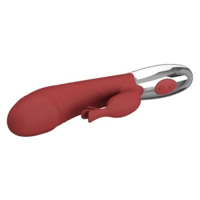 Vibrador vermelho com design anatómico e botão de controlo prateado