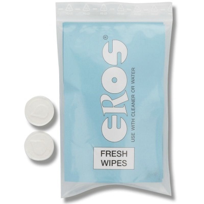 Pacote azul claro de ERoS Fresh Wipes com duas pastilhas brancas