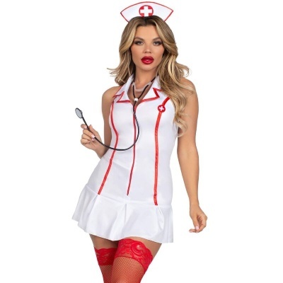 Vestido branco de enfermeira com detalhes vermelhos e touca com cruz vermelha