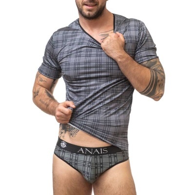Conjunto masculino xadrez cinzento e preto com texto ANAÏS no cós das cuecas.