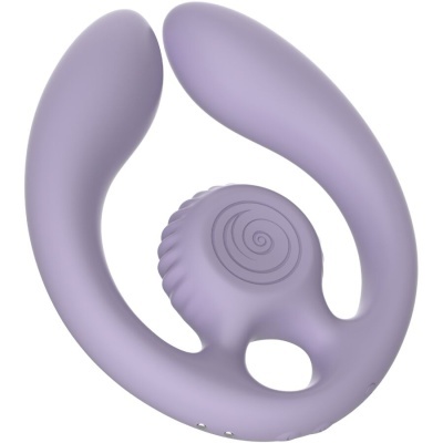 Dispositivo sexual de silicone lilás com formato curvo e detalhes em espiral
