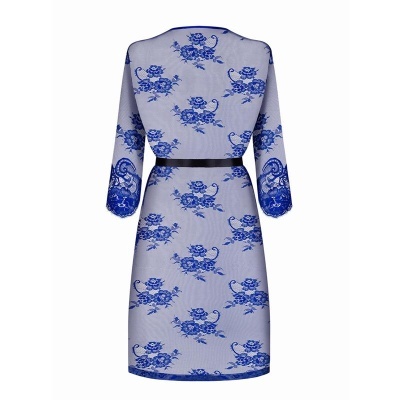 Vestido azul de renda com padrão floral e cinto preto