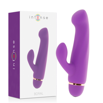 Vibrador roxo de silicone com duas extremidades e caixa com texto