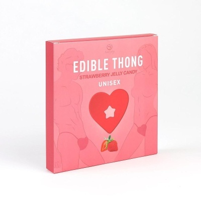 Caixa rosa de Edible Thong, doce de gelatina de morango em embalagem com ilustrações de homem e mulher.