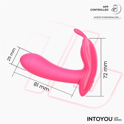 Produto de silicone cor-de-rosa com dimensões e texto de controlo por app