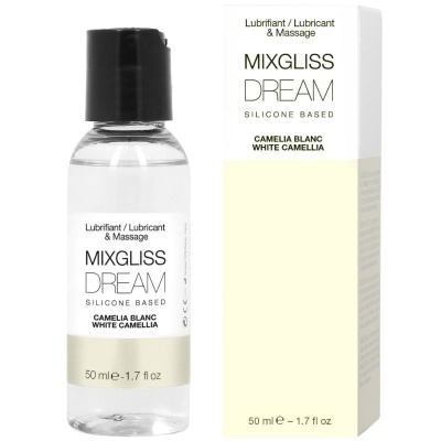 Frasco transparente de lubrificante MIXGLISS DREAM com tampa preta e caixa branca ao lado