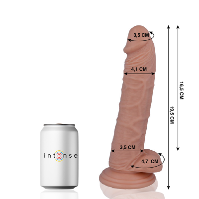 Dildo cor de pele com medidas indicadas ao lado e lata branca com palavra INTENSE.