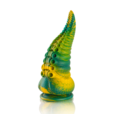 Produto em forma de tentáculo verde e amarelo com ventosas em fundo branco