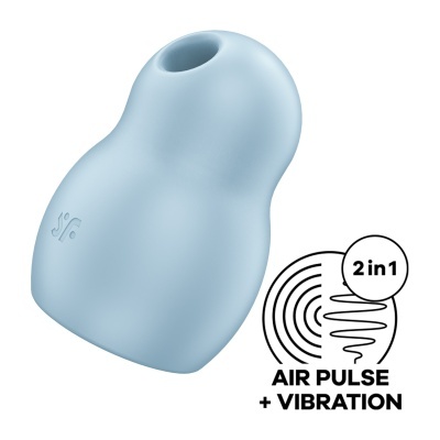 Dispositivo azul claro com forma ergonómica, texto AIR PULSE + VIBRATION e símbolo 2 in 1
