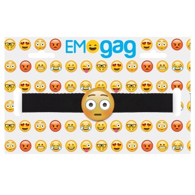 Pulseira preta com emoji amarelo de rosto surpreso em embalagem com emojis coloridos e texto EMO gag