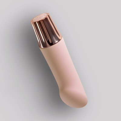 Frasco cilíndrico com tampa metálica rosa dourado e corpo rosa claro