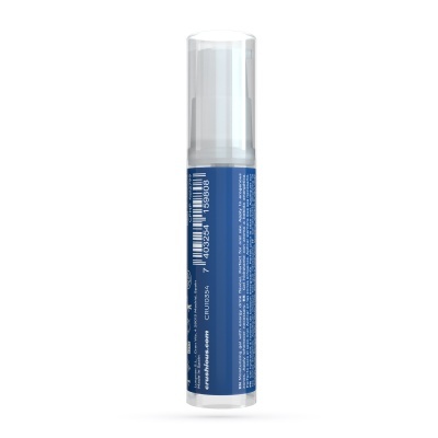 Frasco de plástico azul com tampa transparente e texto impresso