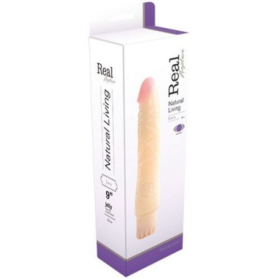Embalagem com vibrador realista de cor carne e details roxos