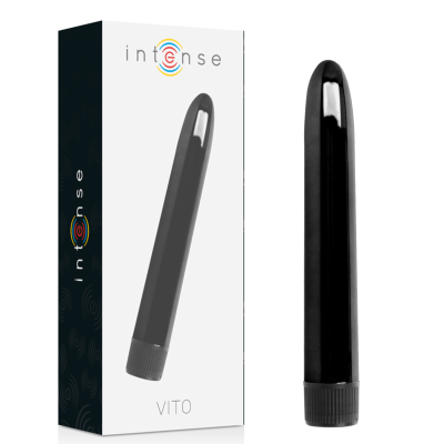 Vibrador preto liso cilíndrico e embalagem branca com texto Intense e VITO