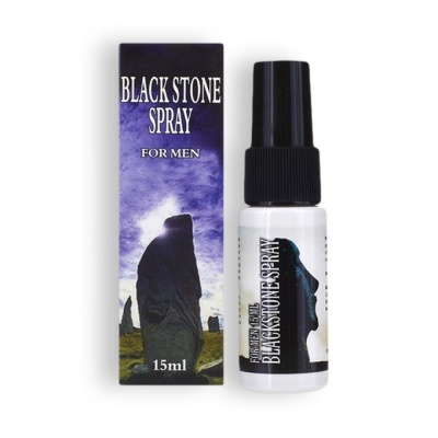 Frasco branco de spray com embalagem preto e roxo, texto black stone spray for men 15ml.