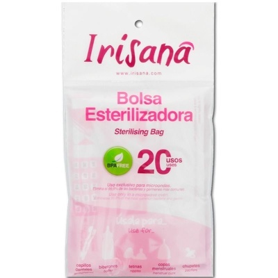 Embalagem de bolsa esterilizadora para micro-ondas com texto em rosa e selo BPA FREE