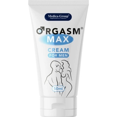 Tubo branco de creme ORGASM MAX para homens da Medica-Group com ilustração de casal.