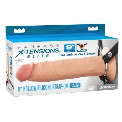 Embalagem com dildo strap-on oco de silicone 9 polegadas, cor pele, com correias pretas