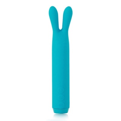 Vibrador azul com duas pontas em silicone e botões de controlo.