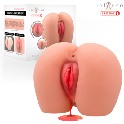 Masturbador vibratório em forma de nádegas cor pele com líquido vermelho e embalagem