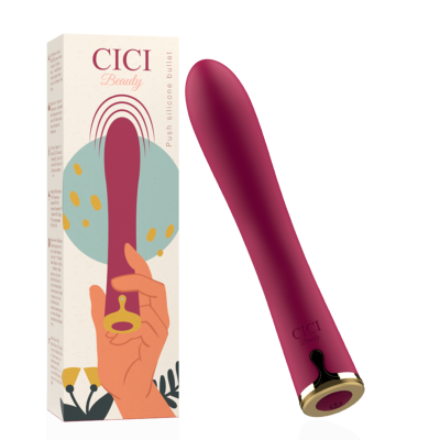 Bullet de silicone bordô com base dourada e embalagem ilustrada.