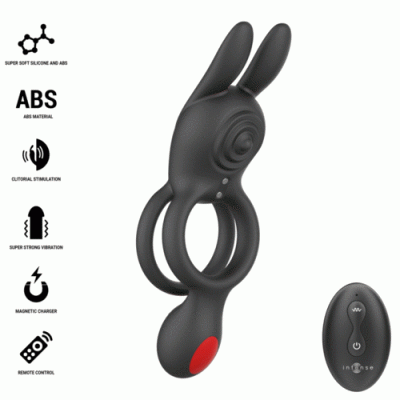 Anel vibratório preto em formato de coelho com controlo remoto preto e vermelho